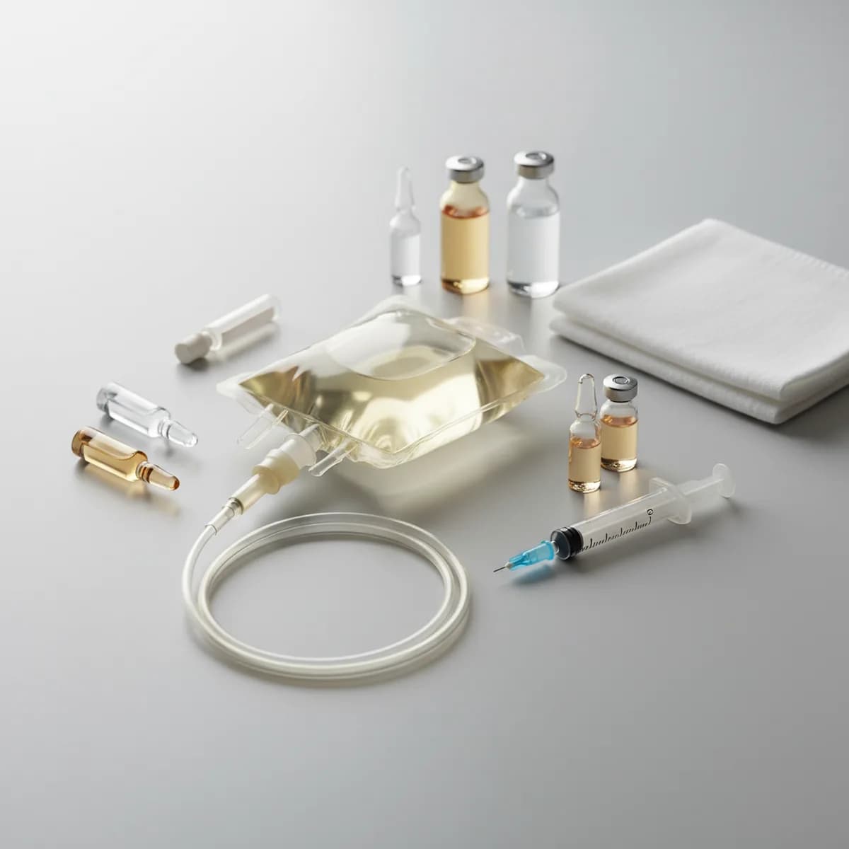 Steriler Infusionsbeutel mit klarer Flüssigkeit, Glasampullen und Spritzen auf grauer medizinischer Arbeitsfläche als Symbol der antioxidativen Infusionstherapie.