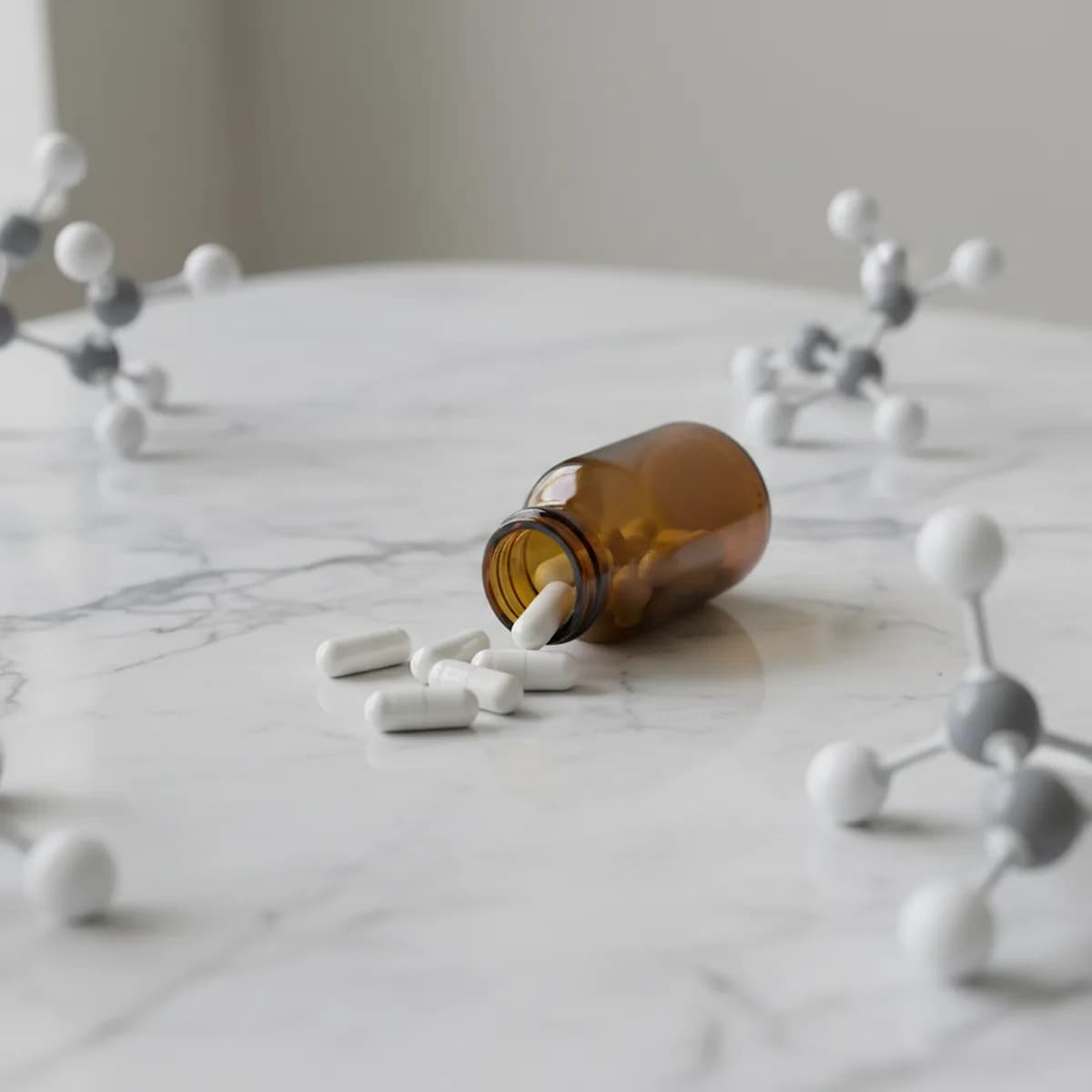 Kleine Glasflasche mit weißen Kapseln auf einer hellen Marmoroberfläche in neutraler medizinischer Umgebung