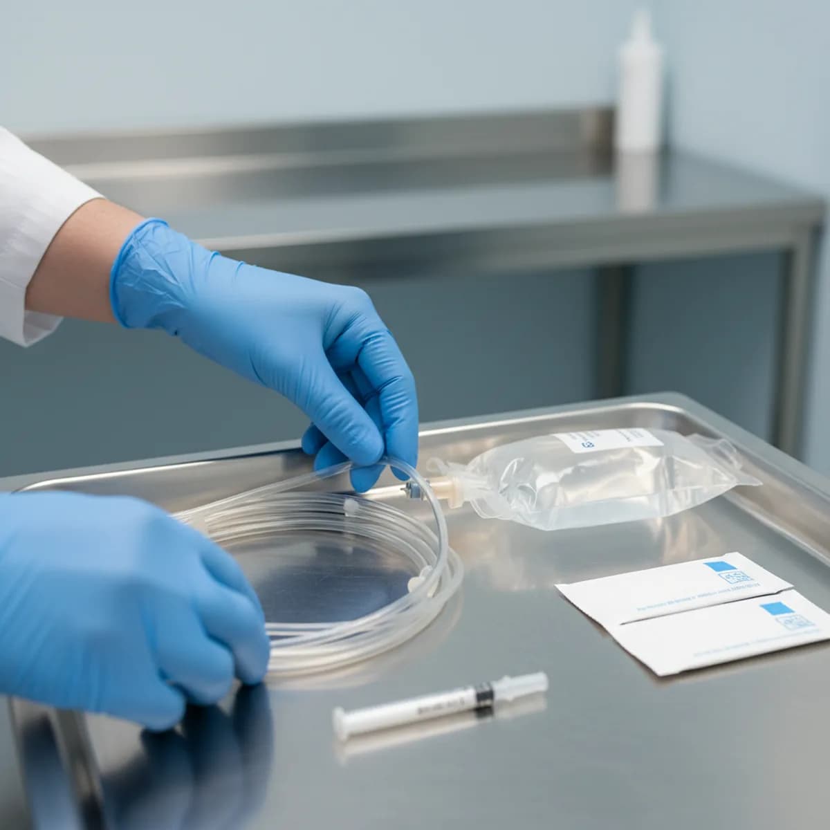 Behandschuhte Hände bereiten aseptisch ein intravenöses Infusionsset mit sterilem Schlauchsystem und klarem Infusionsbeutel auf einem Edelstahltablett vor.