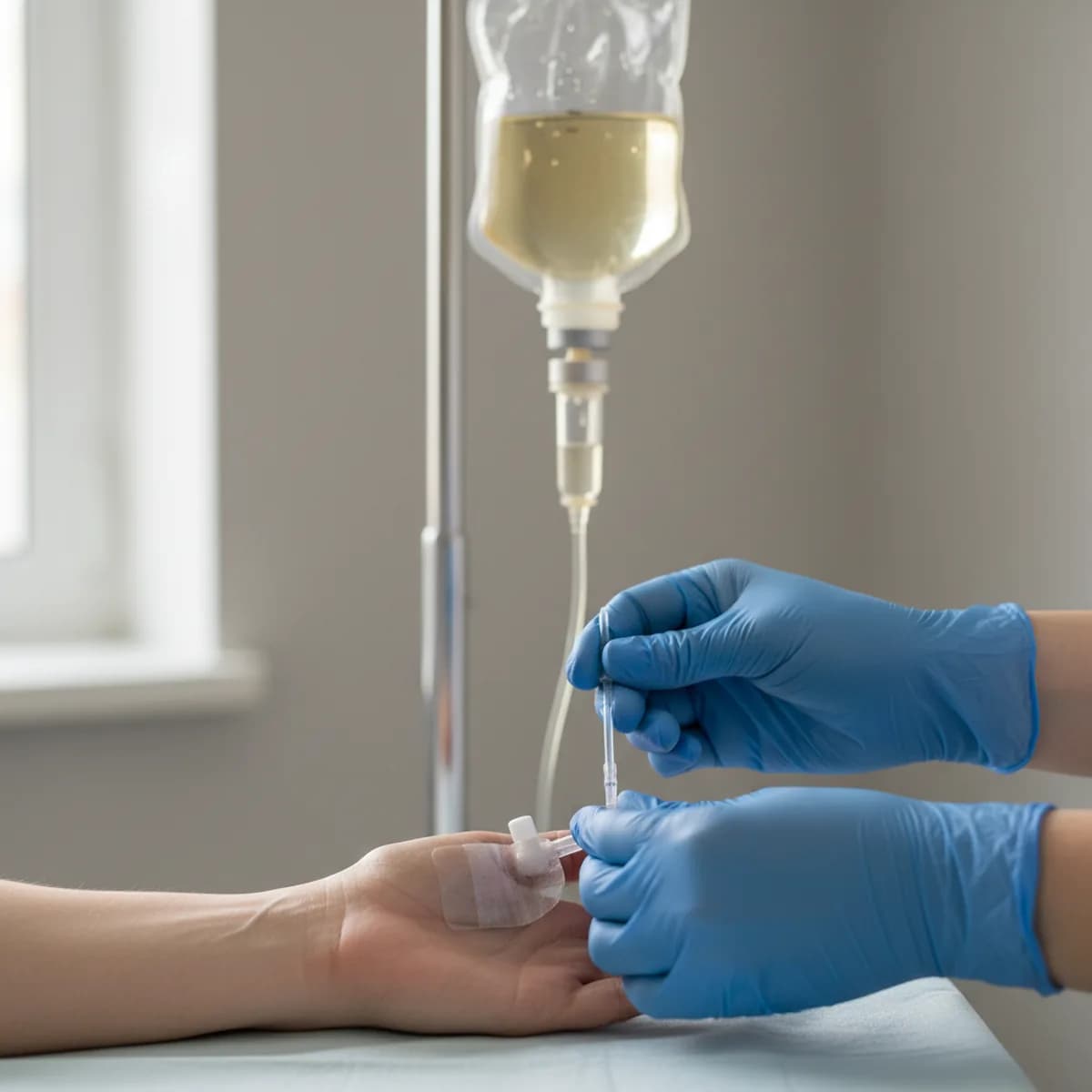 Medizinische Fachkraft legt einen intravenösen Zugang am Handrücken eines Patienten, im Hintergrund hängt ein Infusionsbeutel mit klarer Lösung.